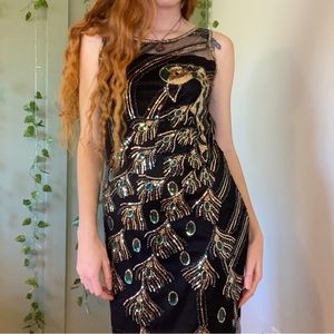 Vintage Style Sequin 20’s Peacock Flapper Dress Black Gold Green